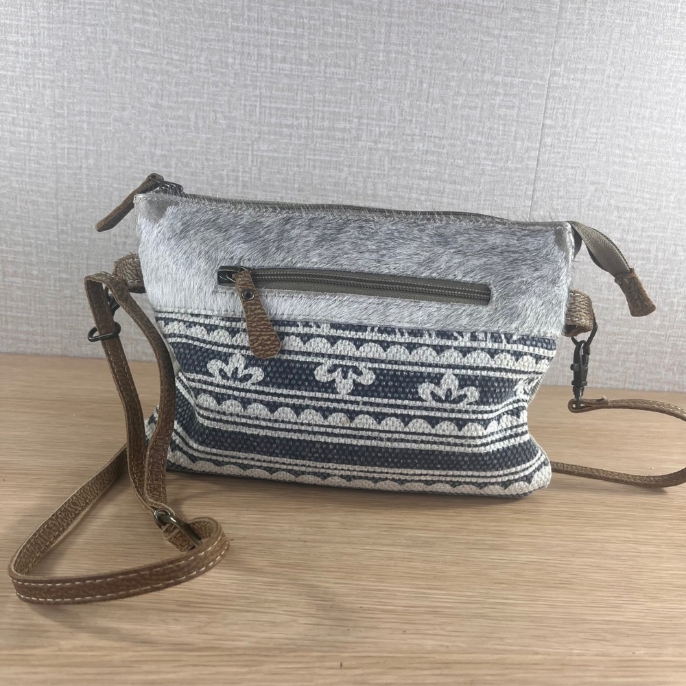 Myra Bag Cowhide Canvas Crossbody Bag Gray Blue Patterned Small Shoulder Bag